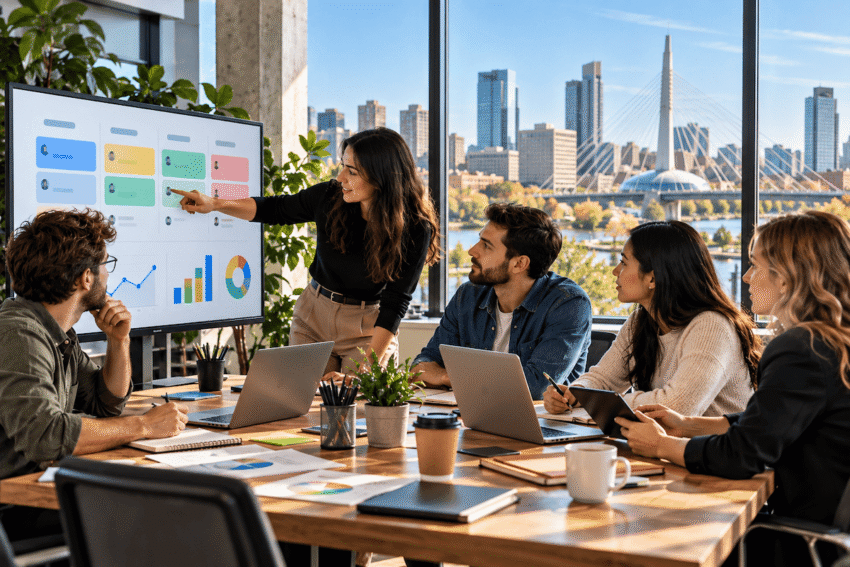 Digital marketing team collaborating on agile project management and PPC campaigns in a modern Winnipeg office with task boards and laptops.